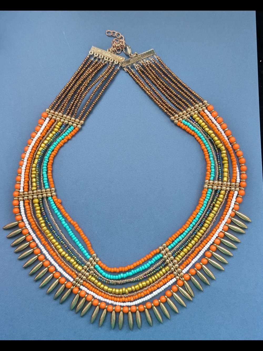 Egyptian Multistrand Beaded Necklace - Orange & Turquoise Accents
